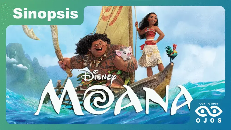 Póster de Moana (2016) con Moana y Maui navegando en el océano para sinopsis en Con Otros Ojos TV