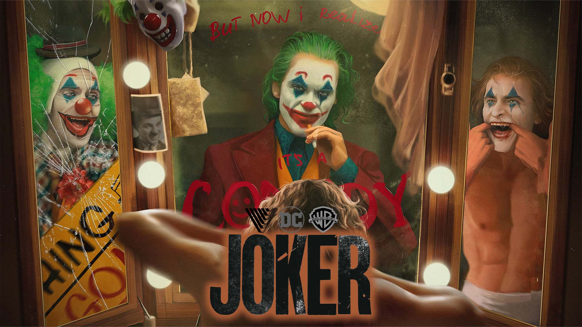 Cartel artístico de Joker (2019) con múltiples reflejos del personaje frente a espejos, mostrando su identidad fragmentada y su conflicto psicológico.