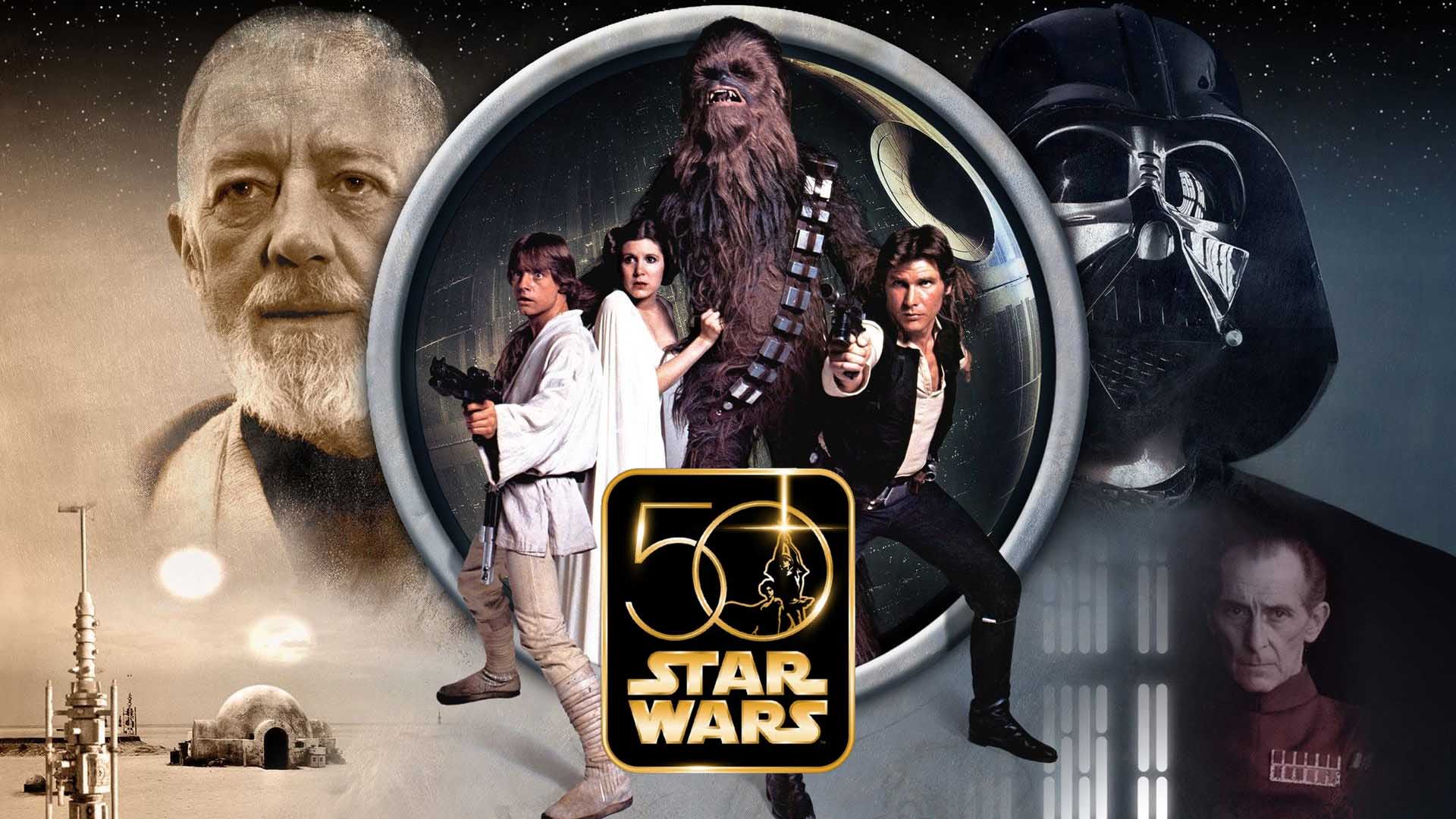 Póster destacado de Star Wars con personajes icónicos como un guerrero Jedi con sable de luz, naves espaciales y estrellas sobre un cielo galáctico, con el texto “50” celebrando el aniversario. Star Wars 50 aniversario – imagen promocional con logotipo y temática galáctica.