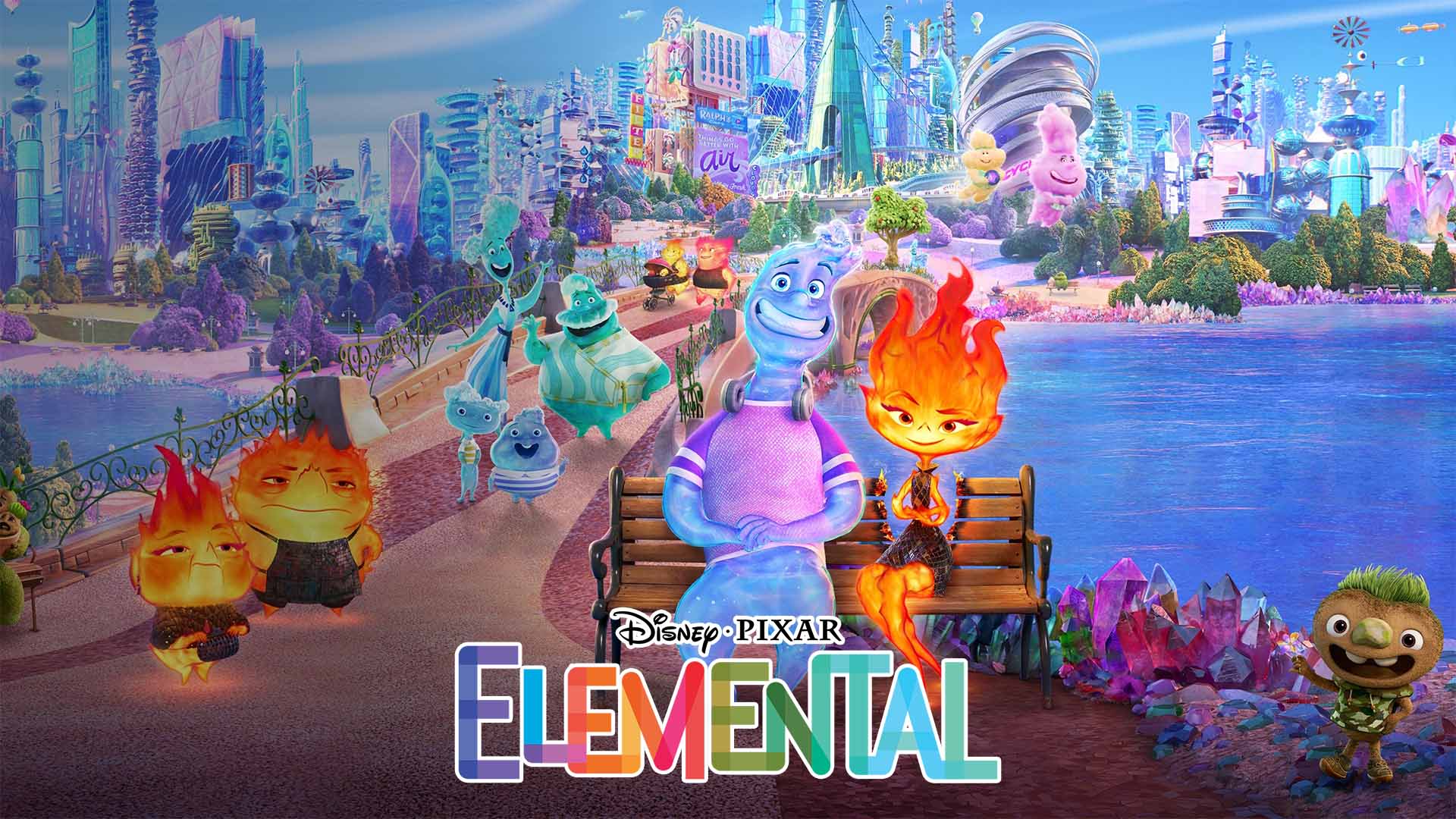 Póster o imagen destacada de la película “Elemental” (2023) de Disney y Pixar con personajes principales en Element City.