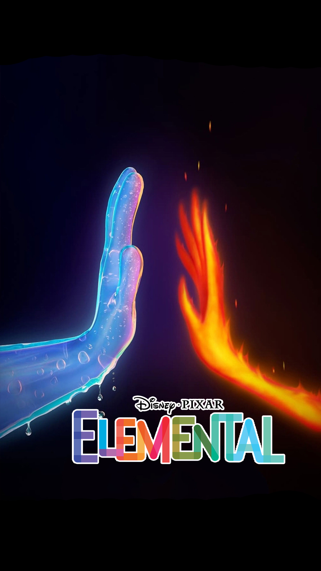 Póster oficial de la película animada “Elemental” (2023) de Disney y Pixar con los personajes principales en Element City.