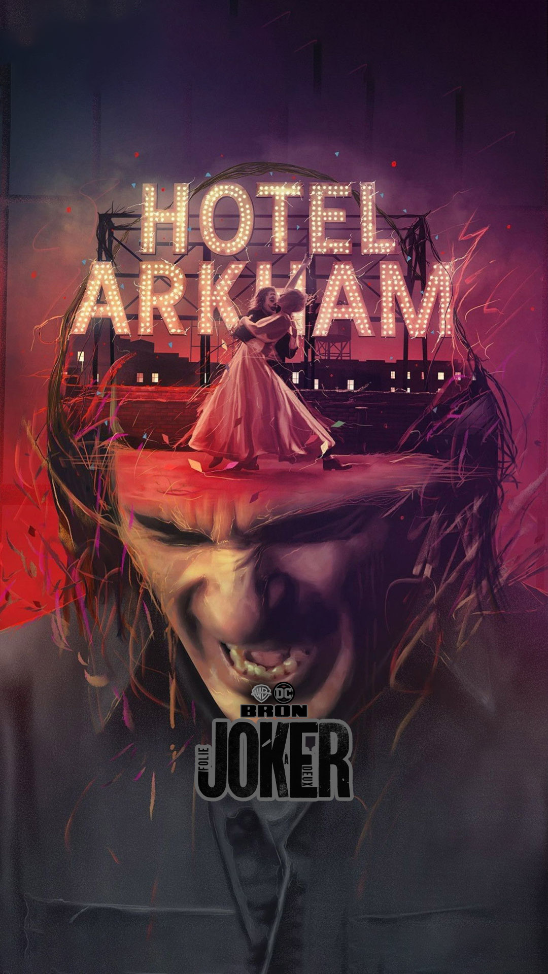 Póster de “Joker: Folie à Deux” (2024) mostrando a Joaquin Phoenix como Joker con maquillaje de payaso y detalle de Lady Gaga como Harley Quinn, con el título y texto promocional sobre un fondo oscuro teatral.