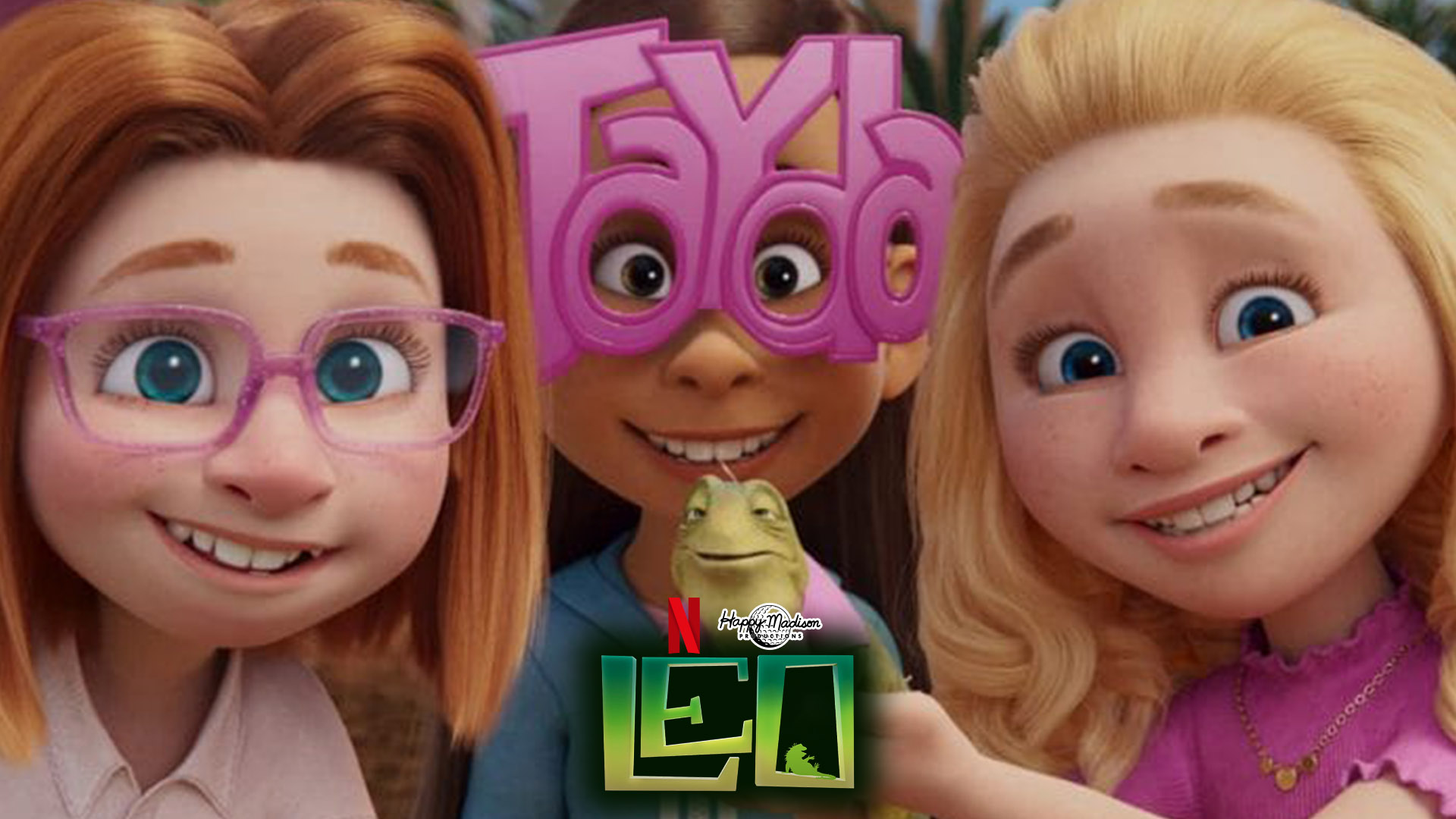 Póster oficial de “Leo” (2023), la película animada familiar de Netflix protagonizada por la adorable lagartija Leo vista desde una perspectiva colorida y divertida.