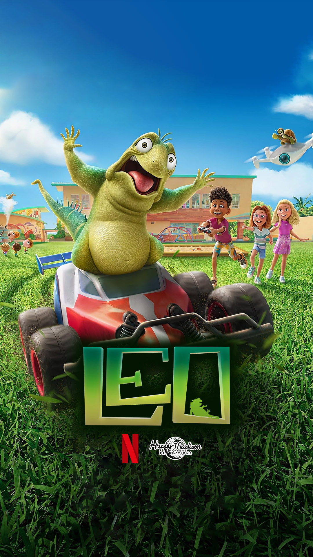 Póster de “Leo” (2023) con la lagartija protagonista Leo en primer plano rodeada de coloridas notas musicales y elementos infantiles sobre un fondo vibrante con el título grande del film.