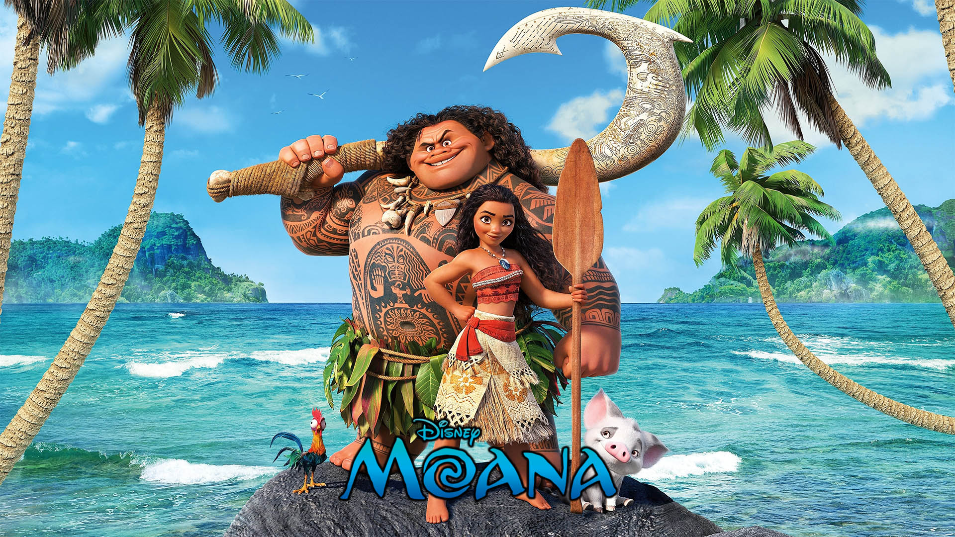 Imagen de la película animada “Moana” (2016) de Disney con protagonistas y escenas del filme de aventura en el océano.