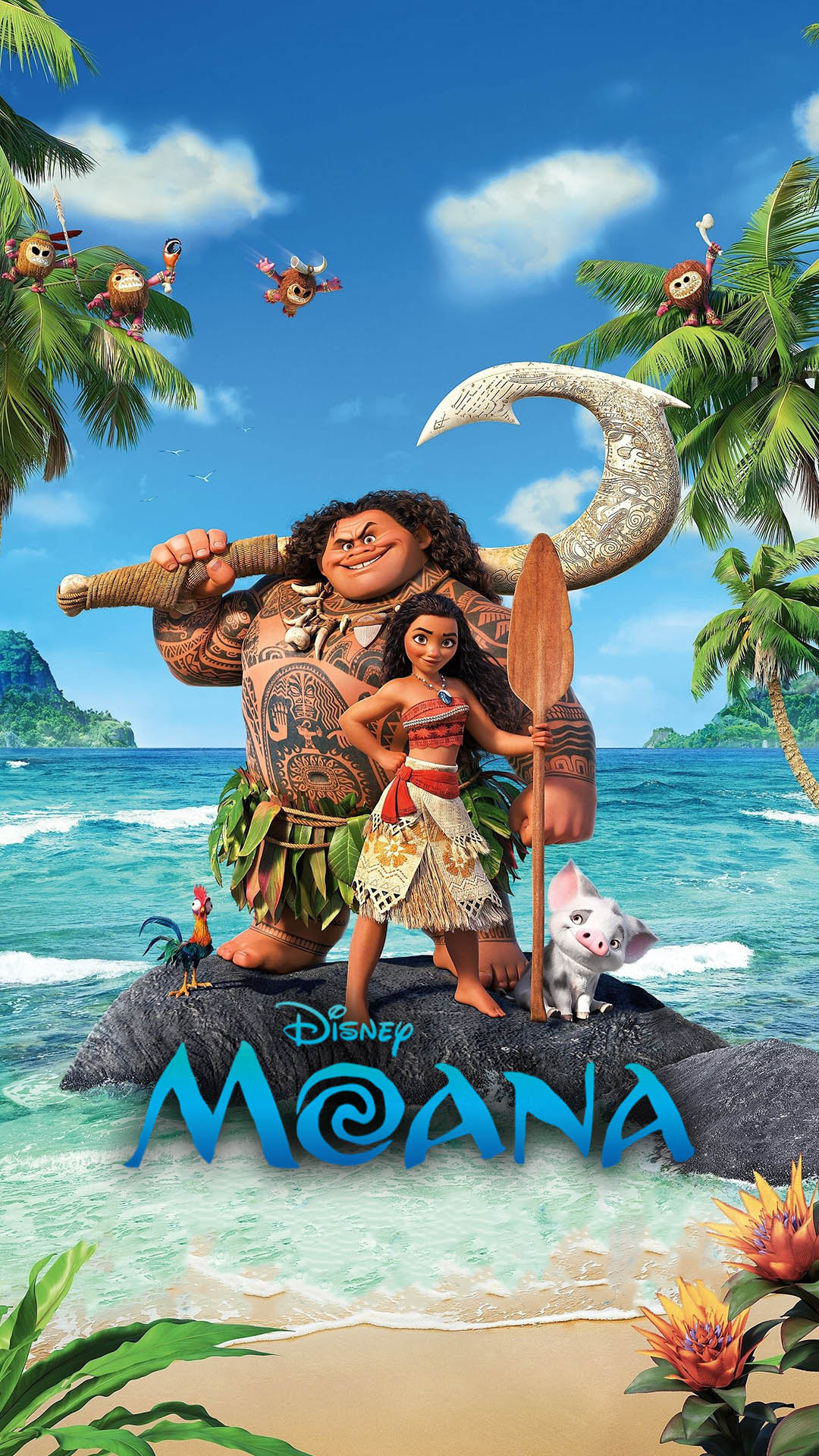 Póster de la película animada “Moana” (2016) de Disney con los personajes principales frente al océano.