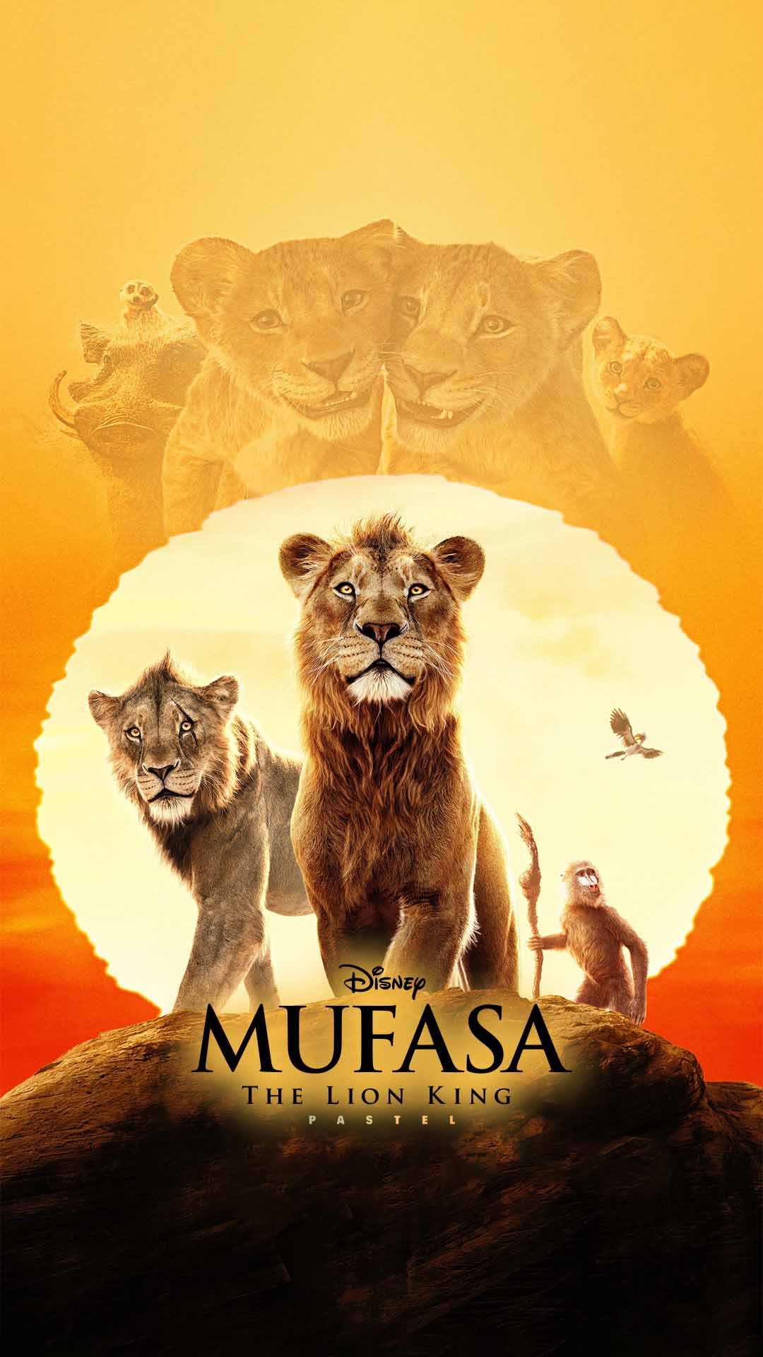 Póster de “Mufasa: The Lion King” (2024) con el joven Mufasa mirando al frente con expresión decidida sobre un fondo de sabana africana al amanecer y el título del film en letras grandes.
