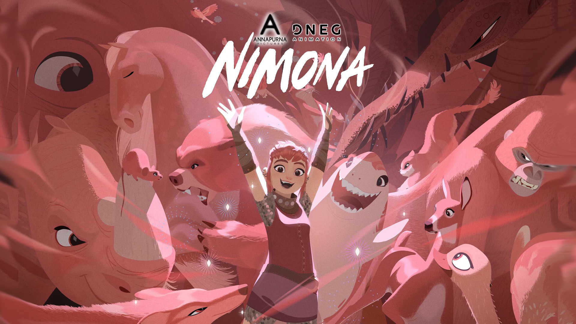 Póster de Nimona (2023) con la protagonista metamorfa y escena del mundo medieval‑futurista