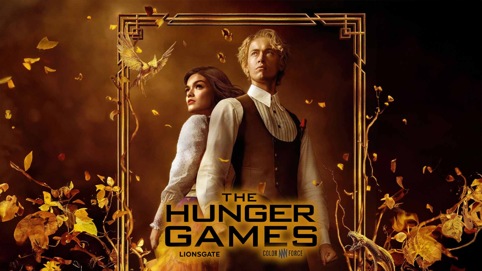 Póster de “The Hunger Games: The Ballad of Songbirds & Snakes” (2023) con los personajes principales Lucy Gray y Coriolanus Snow en un diseño dramático, mostrando también un ave y una serpiente entrelazadas y el título de la película en letras destacadas.