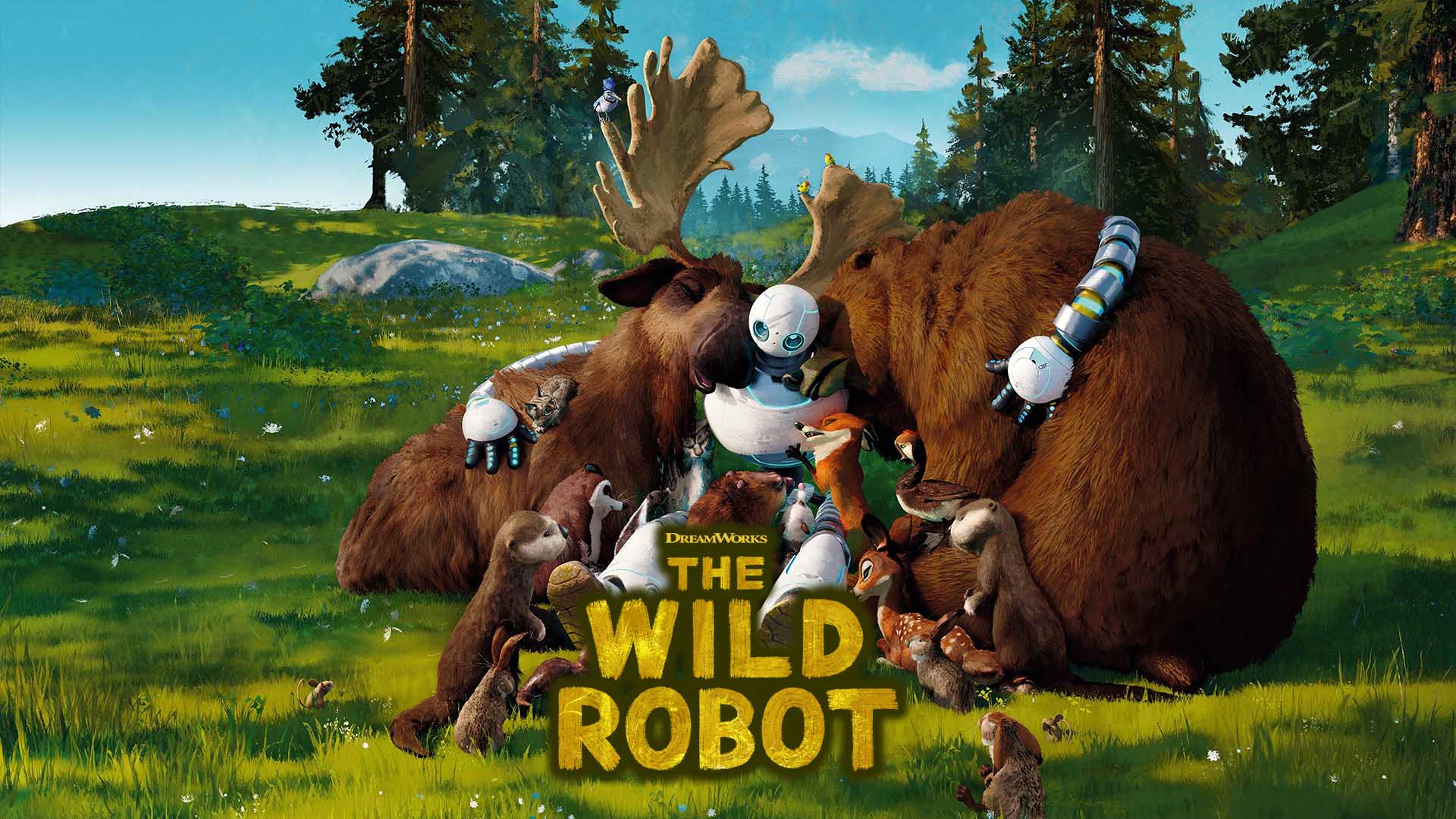 The Wild Robot (2024) – robot Roz sosteniendo un gansito en isla salvaje