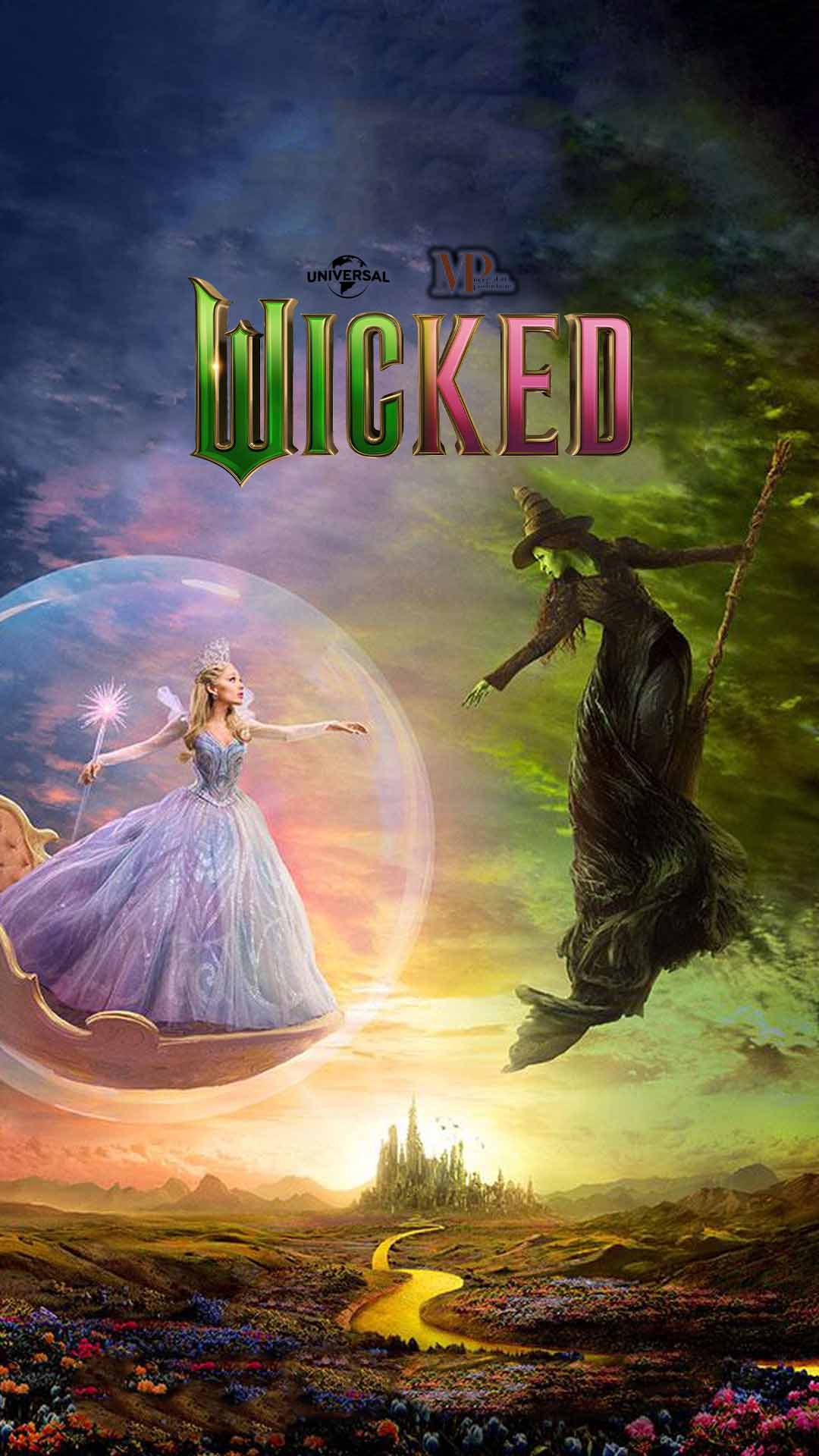 Póster de “Wicked: Part I” (2024) con Cynthia Erivo como Elphaba de piel verde y Ariana Grande como Glinda, posando juntas con miradas intensas sobre un fondo colorido con el título grande del film en estilo teatral.