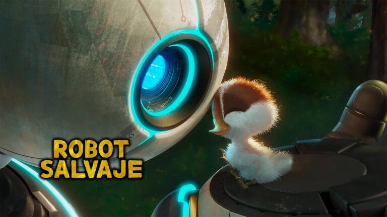 Banner de “The Wild Robot” (2024) con la robot Roz junto a animales de isla natural, mostrando vínculos entre tecnología y naturaleza sobre un fondo de bosque y océano, con el título del filme destacado.