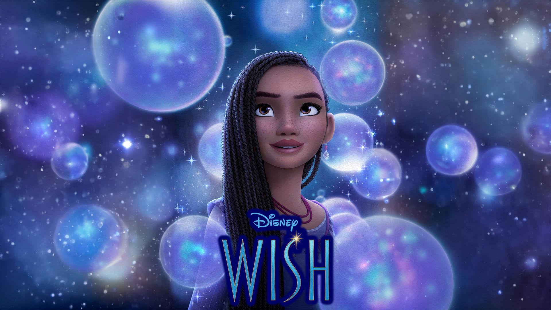 Póster de “Wish” (2023) de Disney con la protagonista Asha acercando la mano hacia una estrella brillante en un fondo de cielo estrellado, mostrando el título del film en letras grandes.