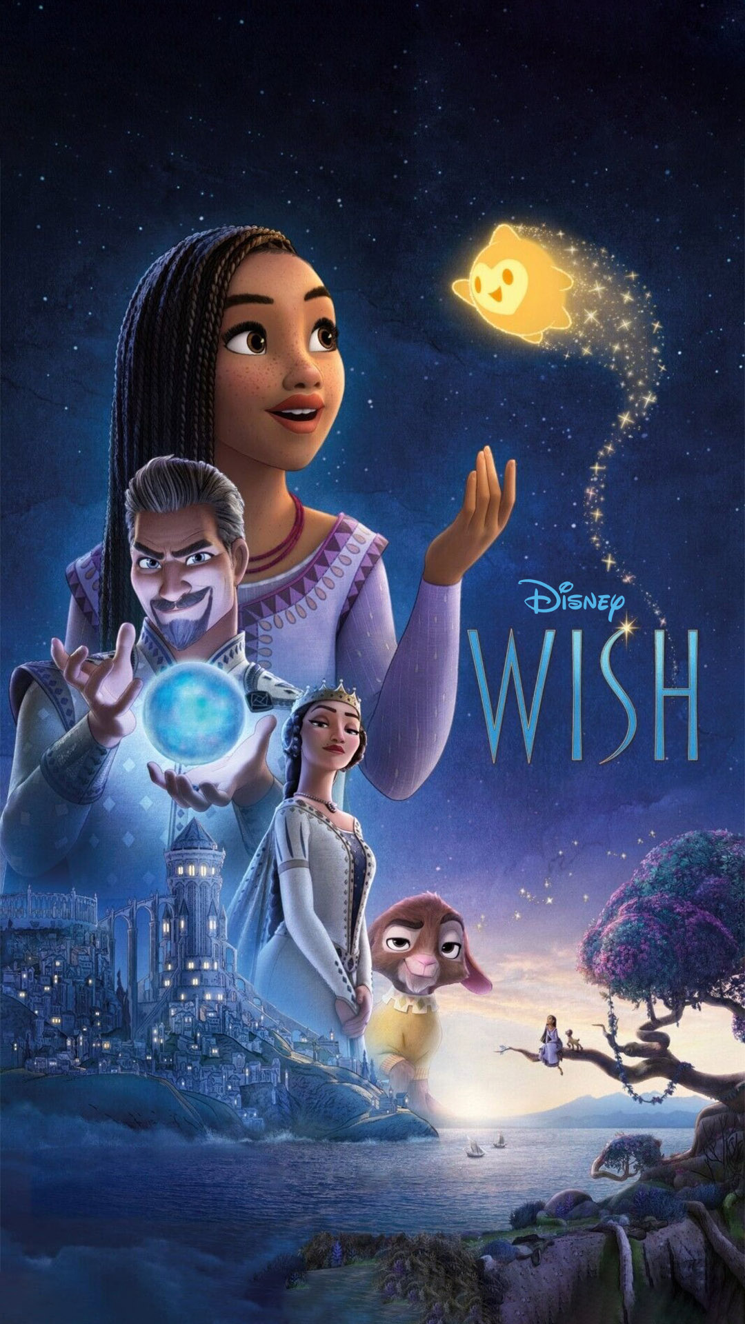 Póster de “Wish” (2023) con la protagonista Asha mirando hacia una gran estrella brillante en un cielo estrellado, con el título de la película en letras destacadas y colores vibrantes.