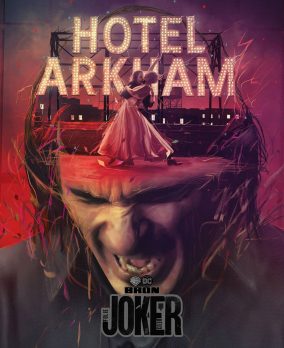 Póster de “Joker: Folie à Deux” (2024) mostrando a Joaquin Phoenix como Joker con maquillaje de payaso y detalle de Lady Gaga como Harley Quinn, con el título y texto promocional sobre un fondo oscuro teatral.