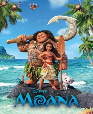Póster de la película animada “Moana” (2016) de Disney con los personajes principales frente al océano.