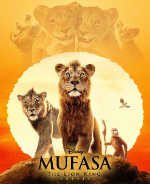 Póster de “Mufasa: The Lion King” (2024) con el joven Mufasa mirando al frente con expresión decidida sobre un fondo de sabana africana al amanecer y el título del film en letras grandes.