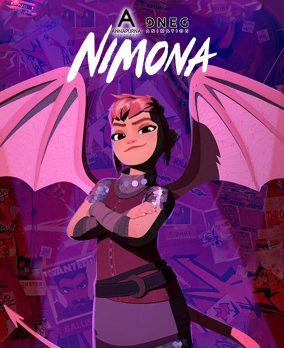Un póster de la animación Nimona, estrenada en 2023 y dirigida por Nick Bruno y Troy Quane.