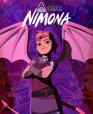 Un póster de la animación Nimona, estrenada en 2023 y dirigida por Nick Bruno y Troy Quane.