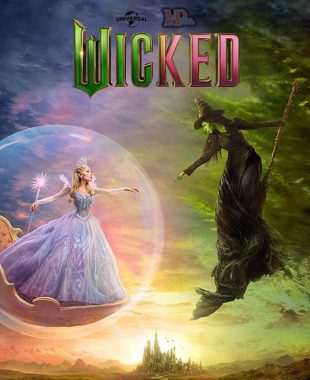 Póster de “Wicked: Part I” (2024) con Cynthia Erivo como Elphaba de piel verde y Ariana Grande como Glinda, posando juntas con miradas intensas sobre un fondo colorido con el título grande del film en estilo teatral.