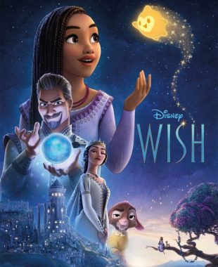 Póster de “Wish” (2023) con la protagonista Asha mirando hacia una gran estrella brillante en un cielo estrellado, con el título de la película en letras destacadas y colores vibrantes.